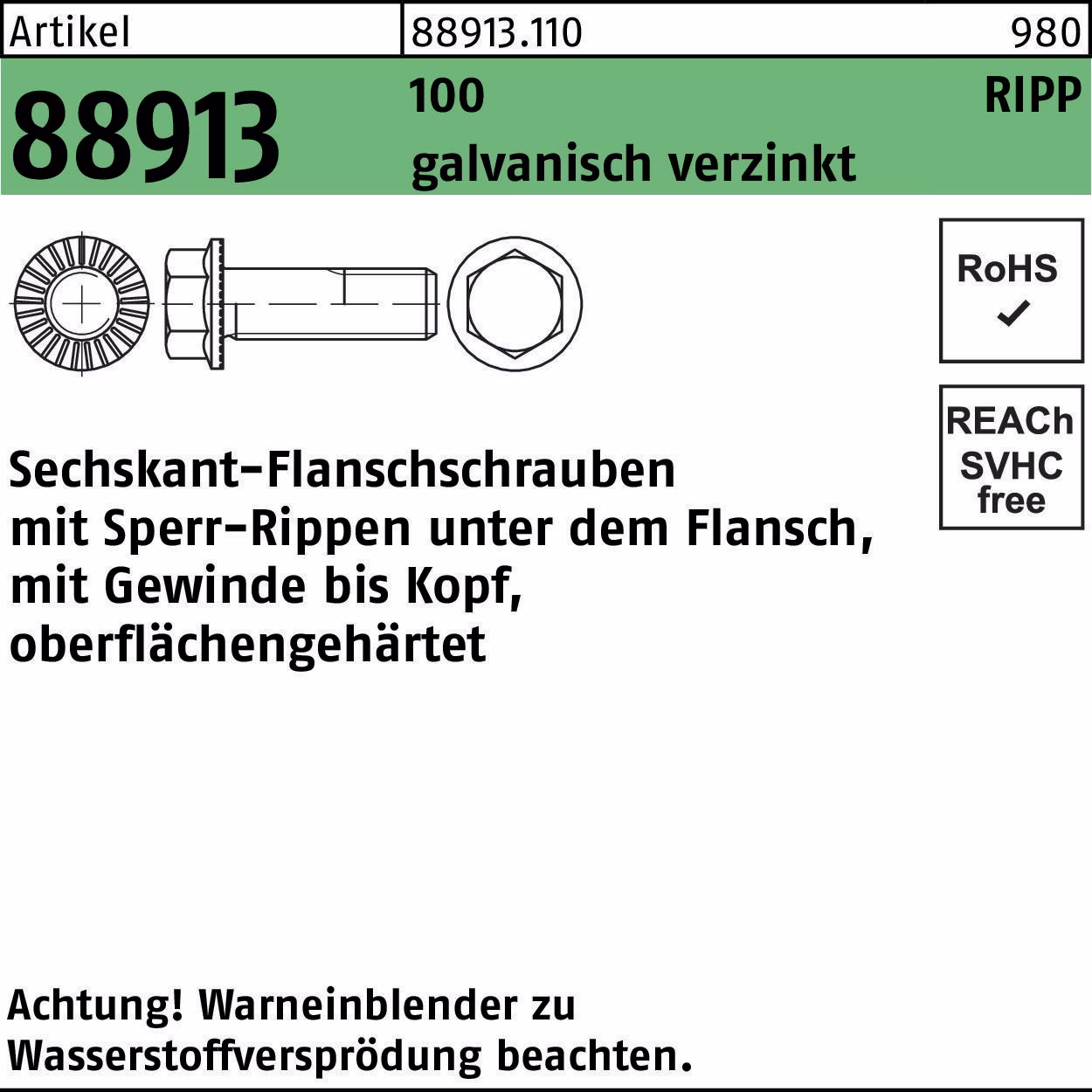 Sechskantflanschschraube R 88913 Sperr-Ripp VG M12x40 100 galv.verz. 100St.