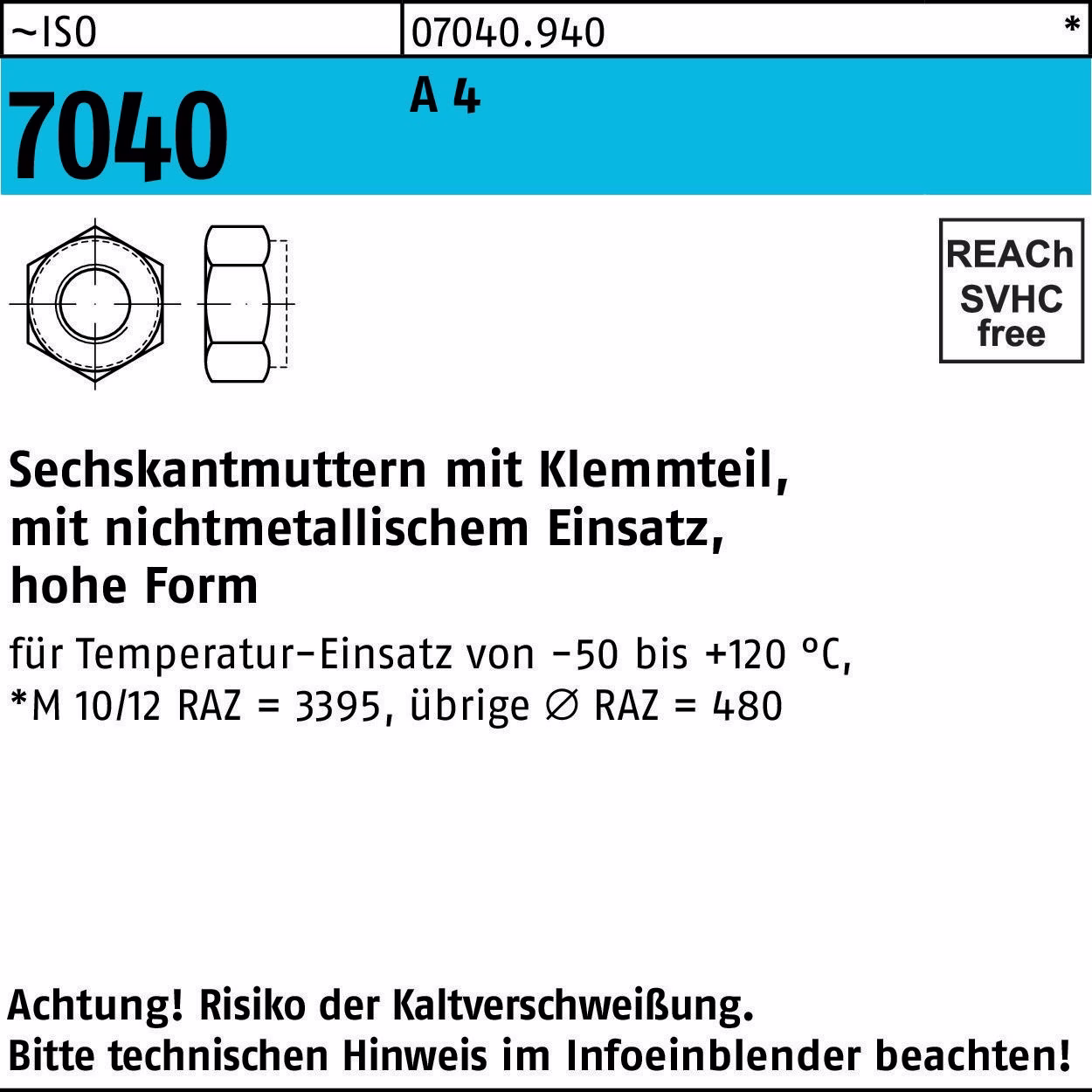 Sechskantmutter ISO 7040 Klemmteil M12 A 4 50 Stück