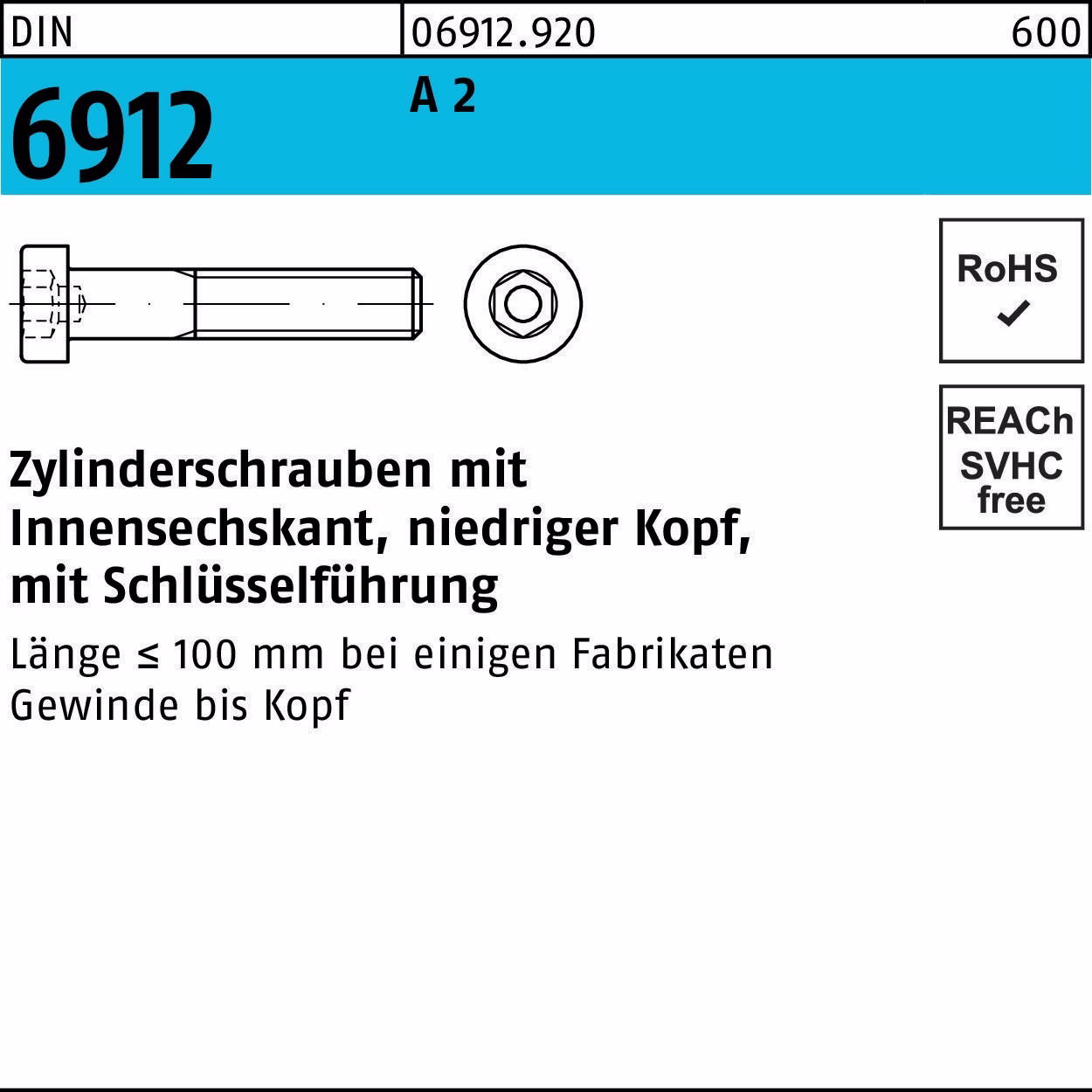 Zylinderschraube DIN 6912 m.Innensechskant M 16 x 70 A 2 25 Stück