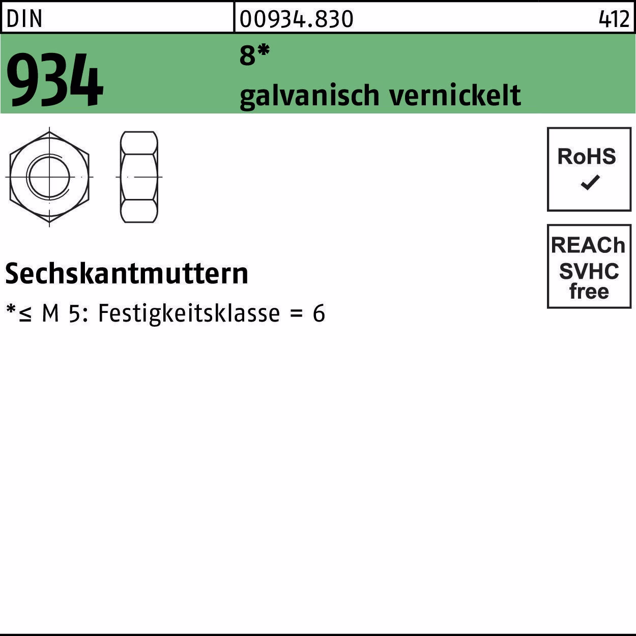 Sechskantmutter DIN 934 8 galv. vernickelt