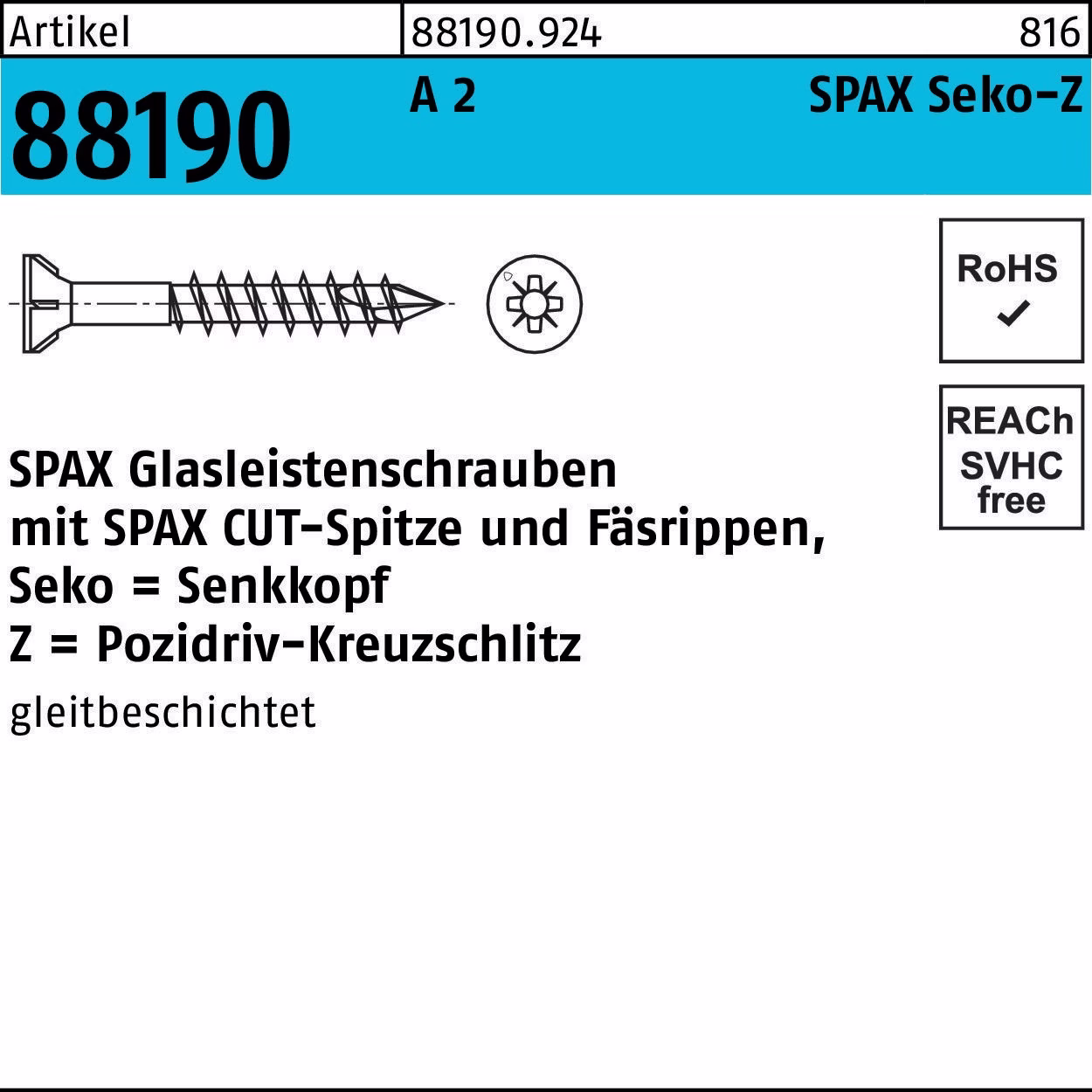 Glasleistenschraube R 88190 Seko PZ 3,5x40/23-Z2 A 2 200St