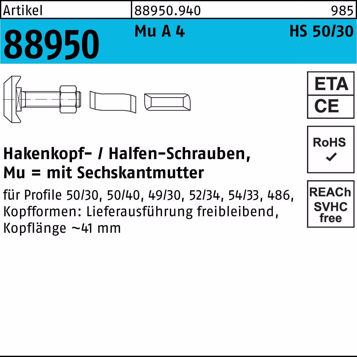 Hammerkopfschraube R 88950 Typ 50/30 6-ktmutter Mu A 4