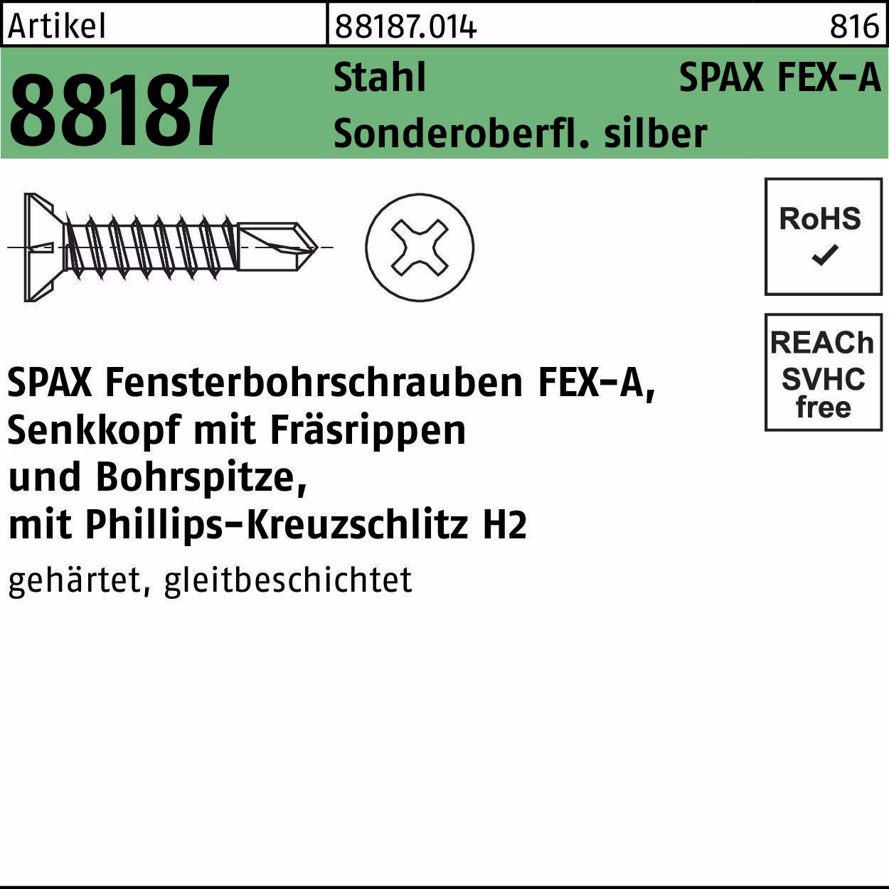 Fensterbohrschraube R 88187 Seko m.Kreuzschlitz-PH Stahl Sonderoberfläche silber 1000 Stück SPAX
