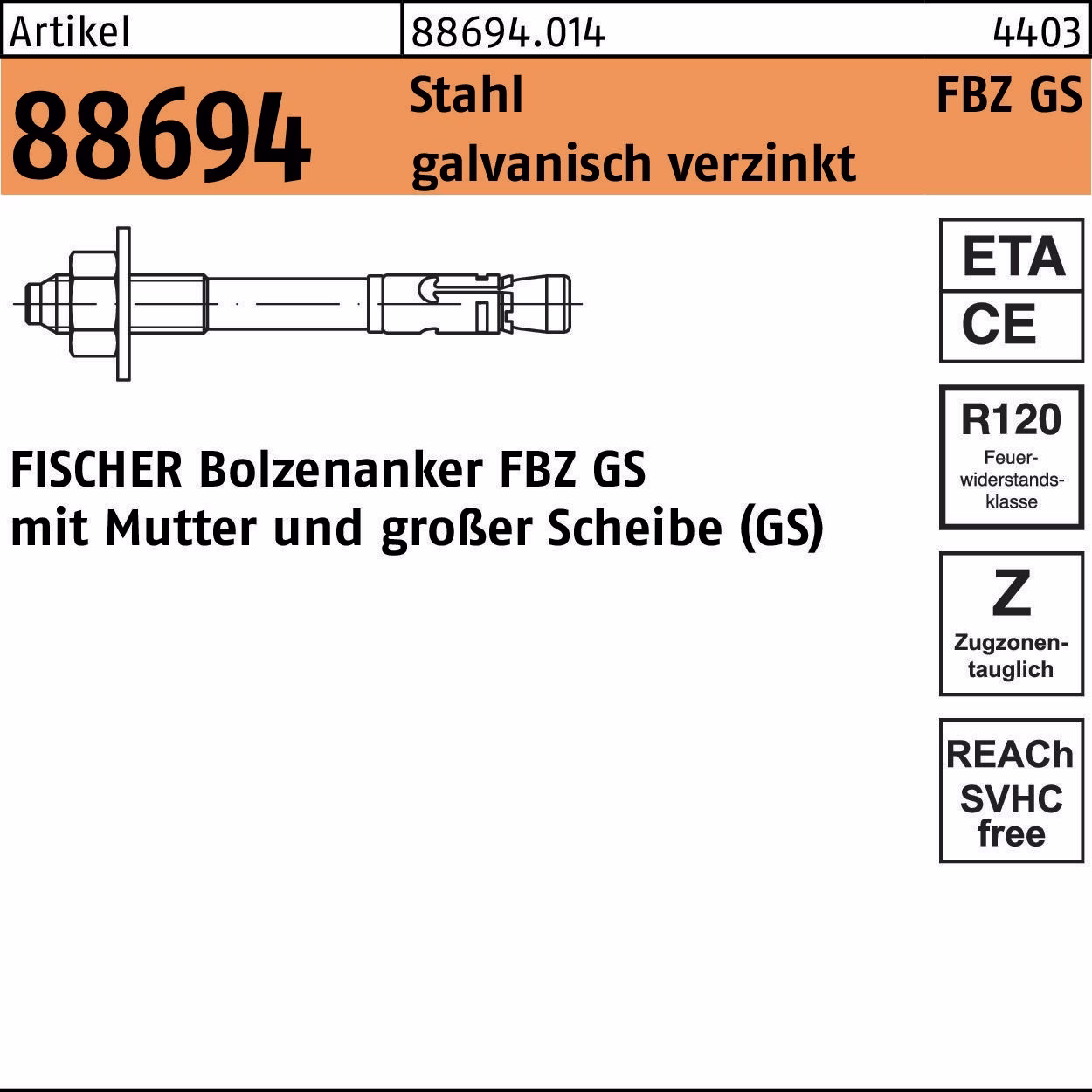 Bolzenanker R 88694 FBZ 8/10 GS Stahl galv.verz. 50 Stück