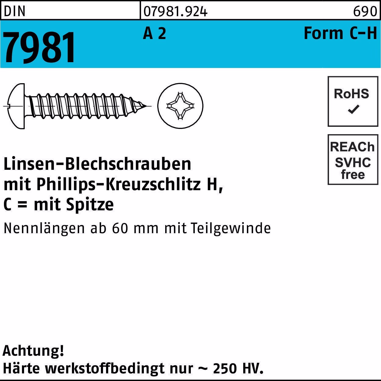 Blechschraube DIN 7981 LIKO PH C 2,9x 6,5-H A 2 100 Stück