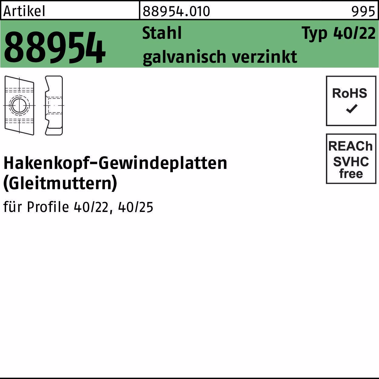 Hakenkopfgewindeplatte R 88954 Typ 40/22 Stahl galvanisch verzinkt 100 Stück