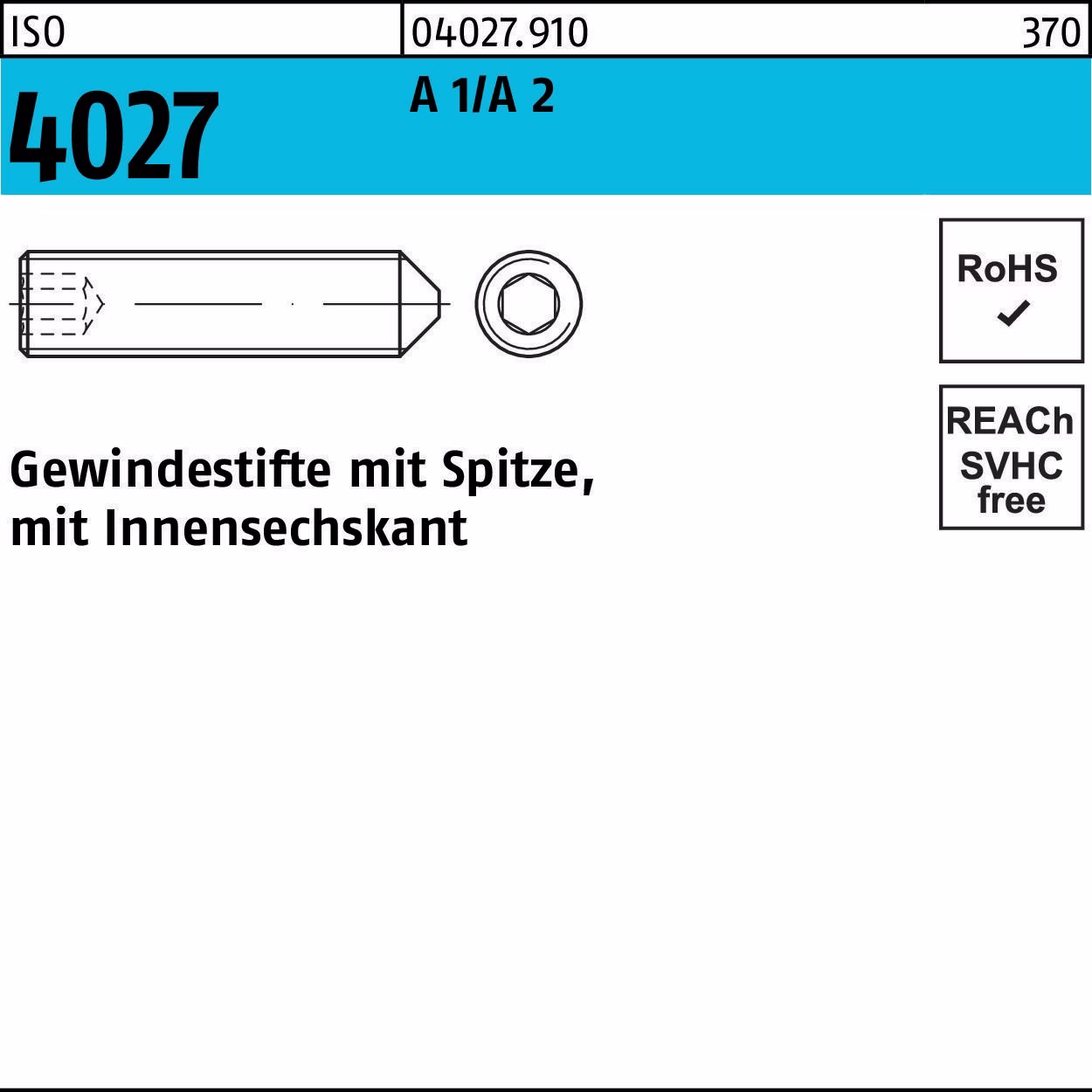 Gewindestift ISO 4027 Spitze/Innen-6kt M12x 16 A 2 50 Stück