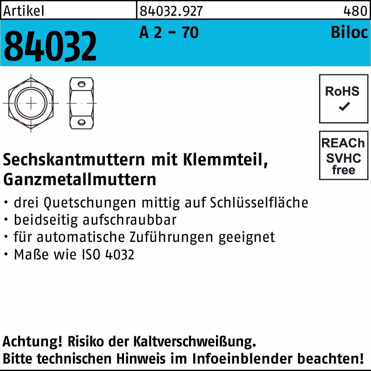Sechskantmutter R 84032 Biloc Klemmteil A 2 - 70