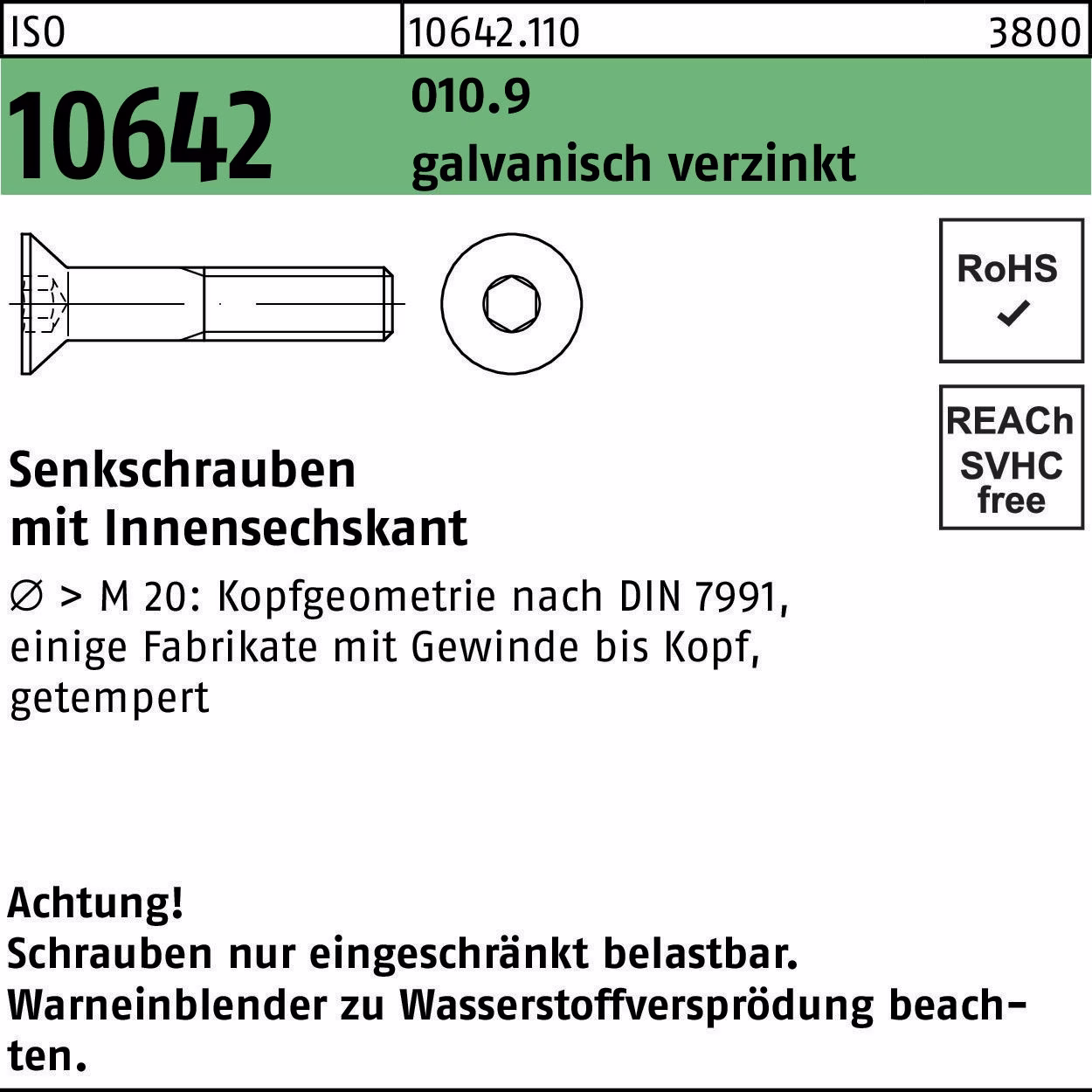 Senkschraube ISO 10642 Innen-6kt M20x 40 010.9 galv.verz. 25St.