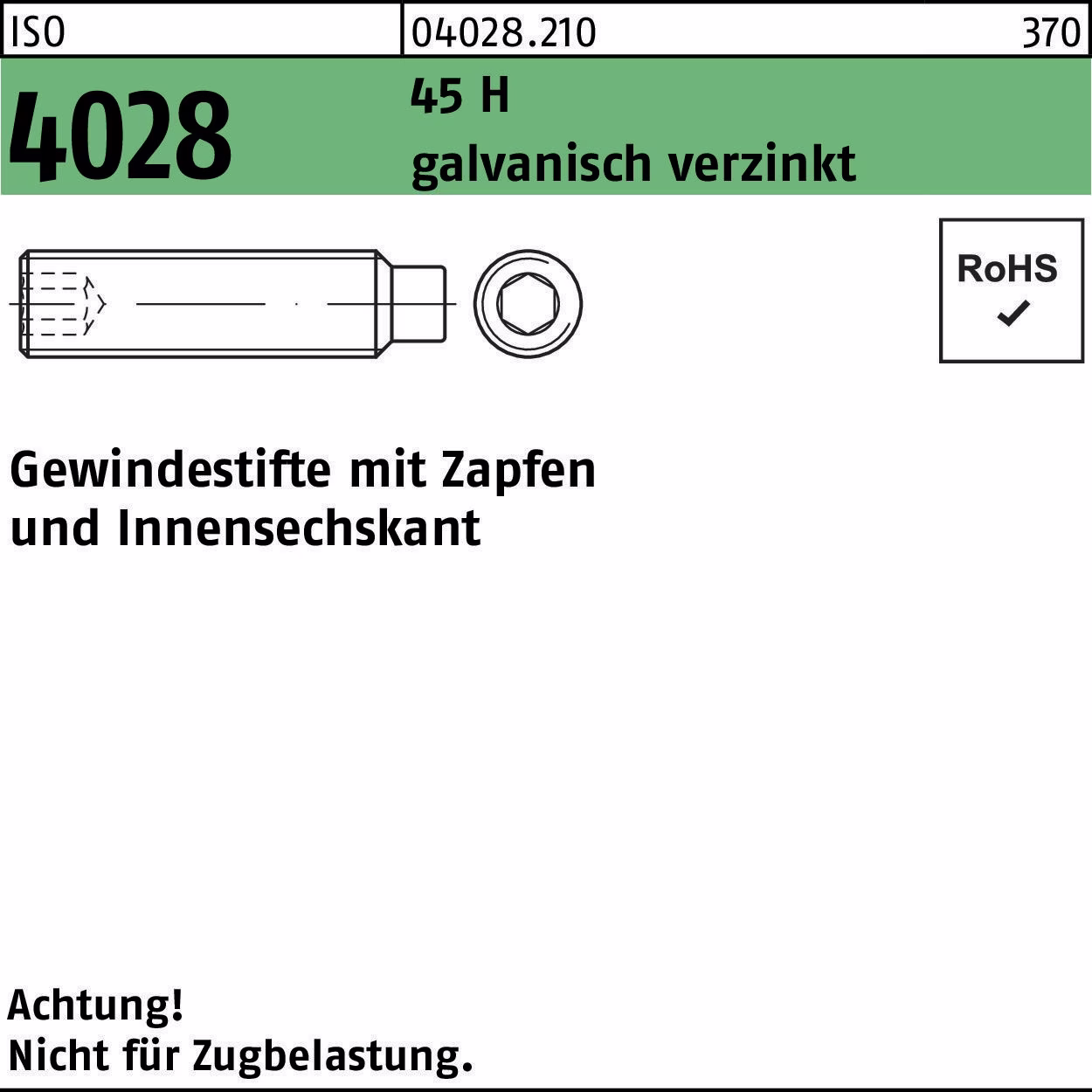 Gewindestift ISO 4028 Zapfen/Innen-6kt M5x20 45 H galv.verz. 500St.