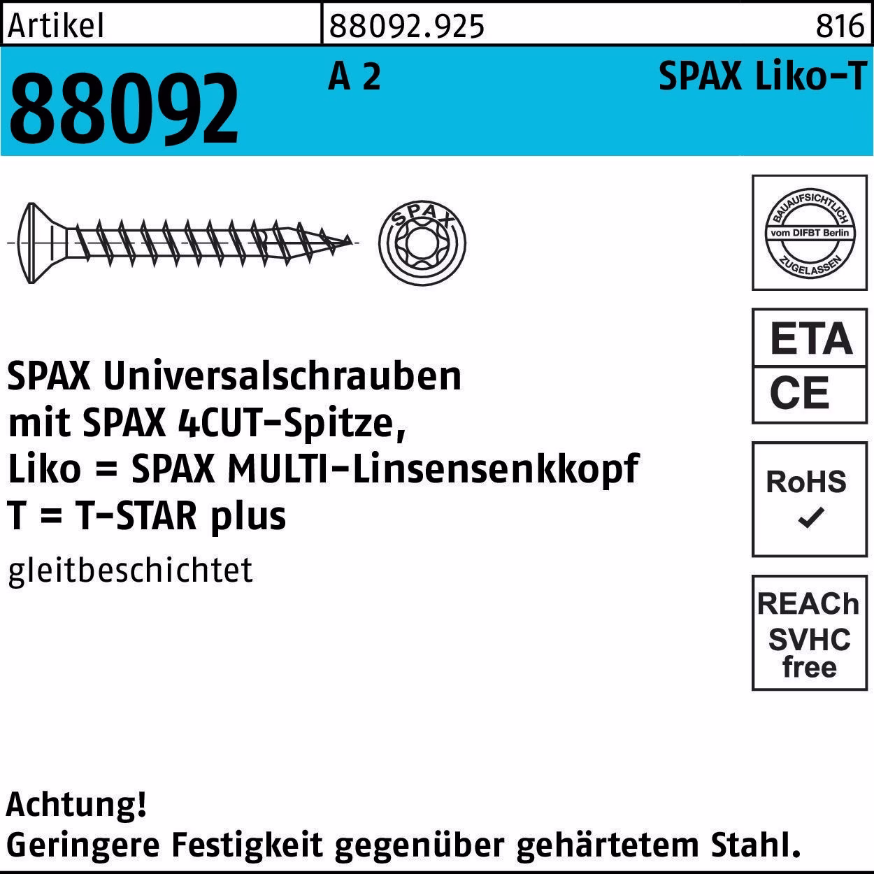 Schraube R 88092 LIKO/T-STAR 3x 25/21-T10 A 2 200 Stück