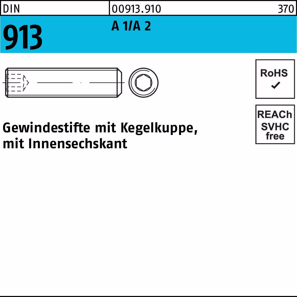 Gewindestift DIN 913 Kegelkuppe/Innen-6kt M12x 12 A 1/A 2 50 Stück