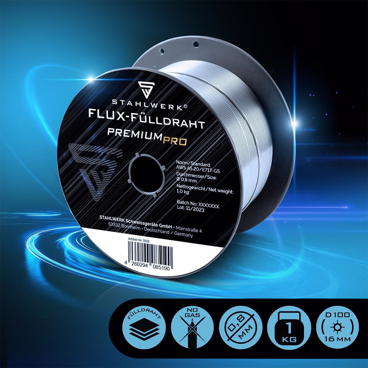 Fülldraht FLUX E71T-GS D.0,8mm S100/D100