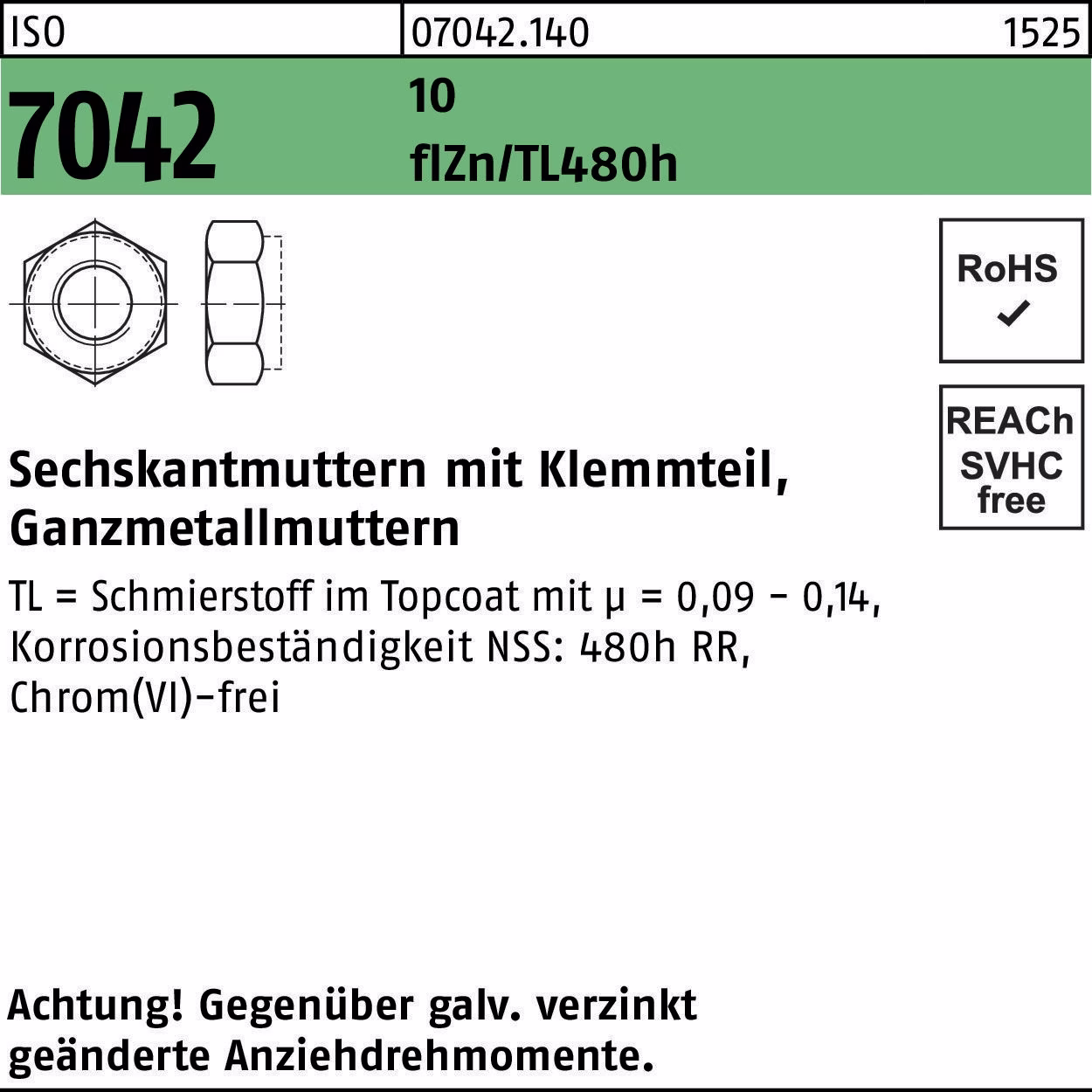 Sechskantmutter ISO 7042 Klemmteil 10 flZnnc 480h-L