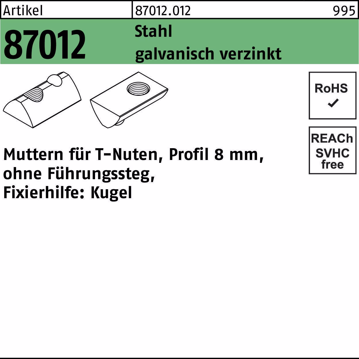 T-Nutenmutter R 87012 o.Führungssteg 8mm M6 Stahl galv.verz. 100 Stück