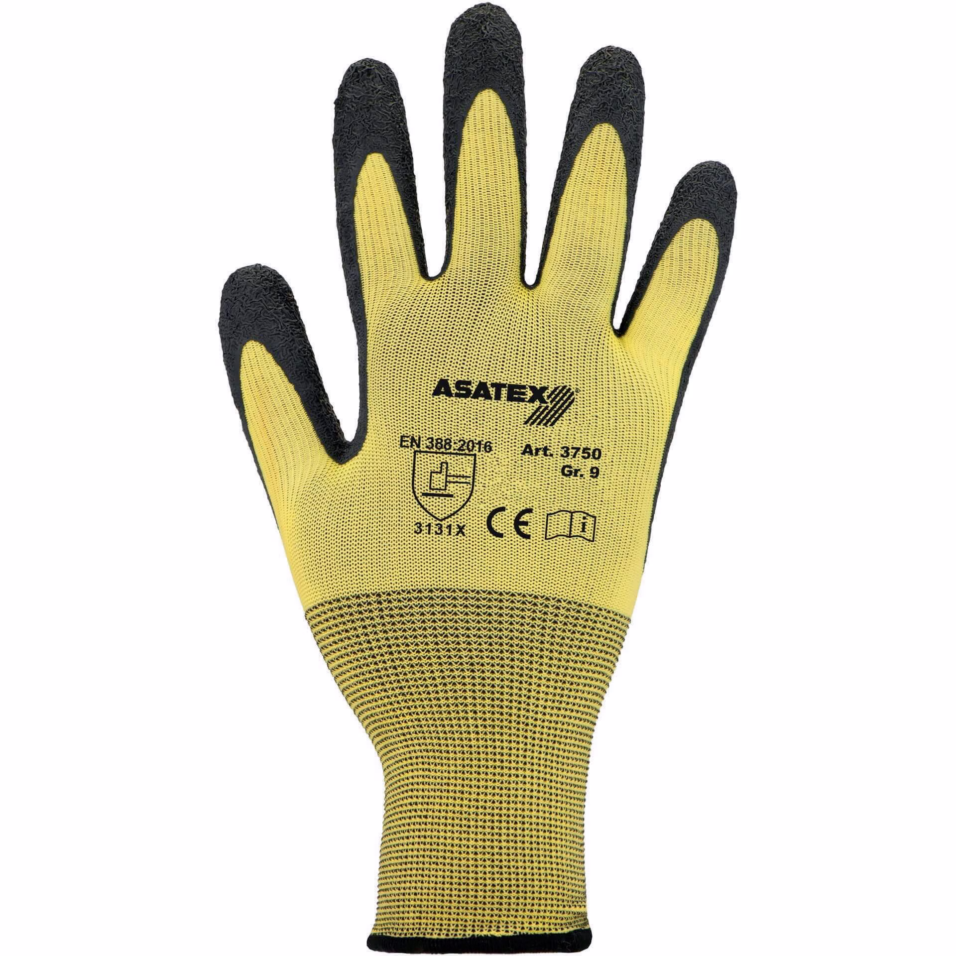 Handschuhe gelb/schwarz EN 388 PSA II Nyl.m.Naturlatex