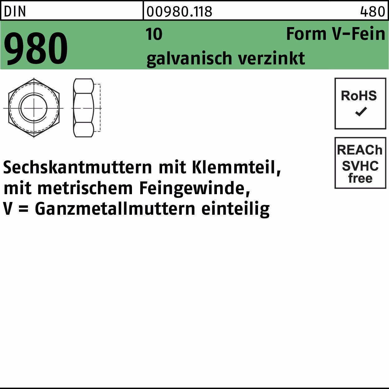 Sechskantmutter DIN 980 Klemmteil VM 10 galv.verz.