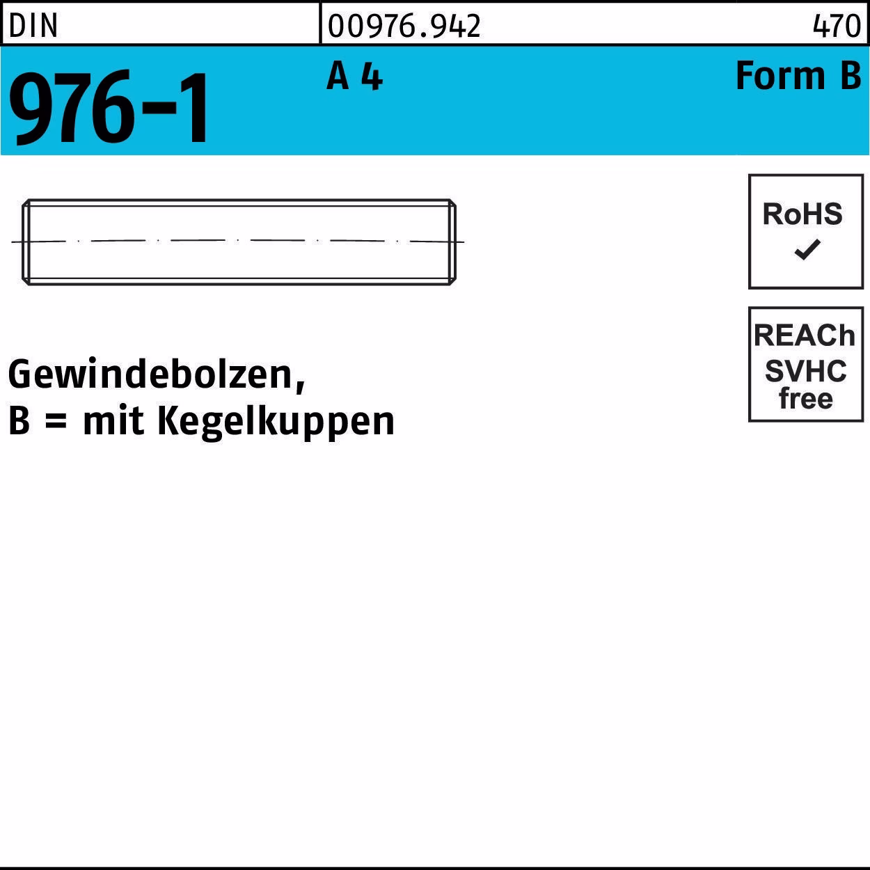 Gewindebolzen DIN 976 Kegelkuppen BM 16x 40 A 4 50 Stück