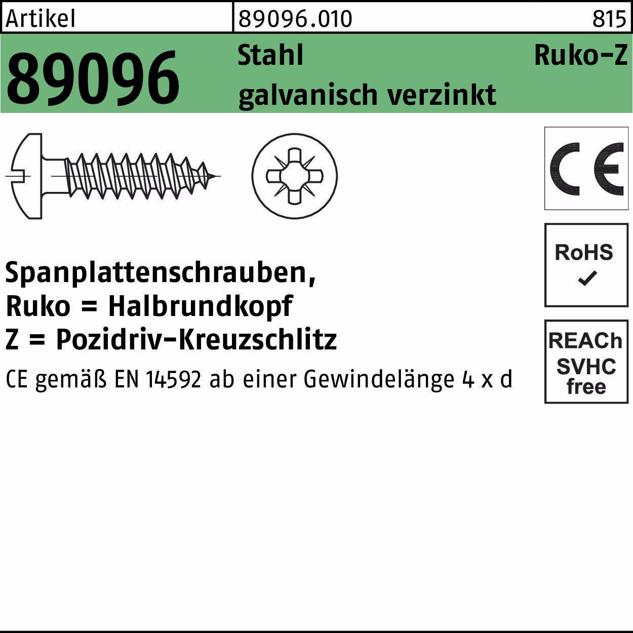 Spanplattenschraube R 89096 HAKO PZ 3x12-Z Stahl galv.verz. 1000St.