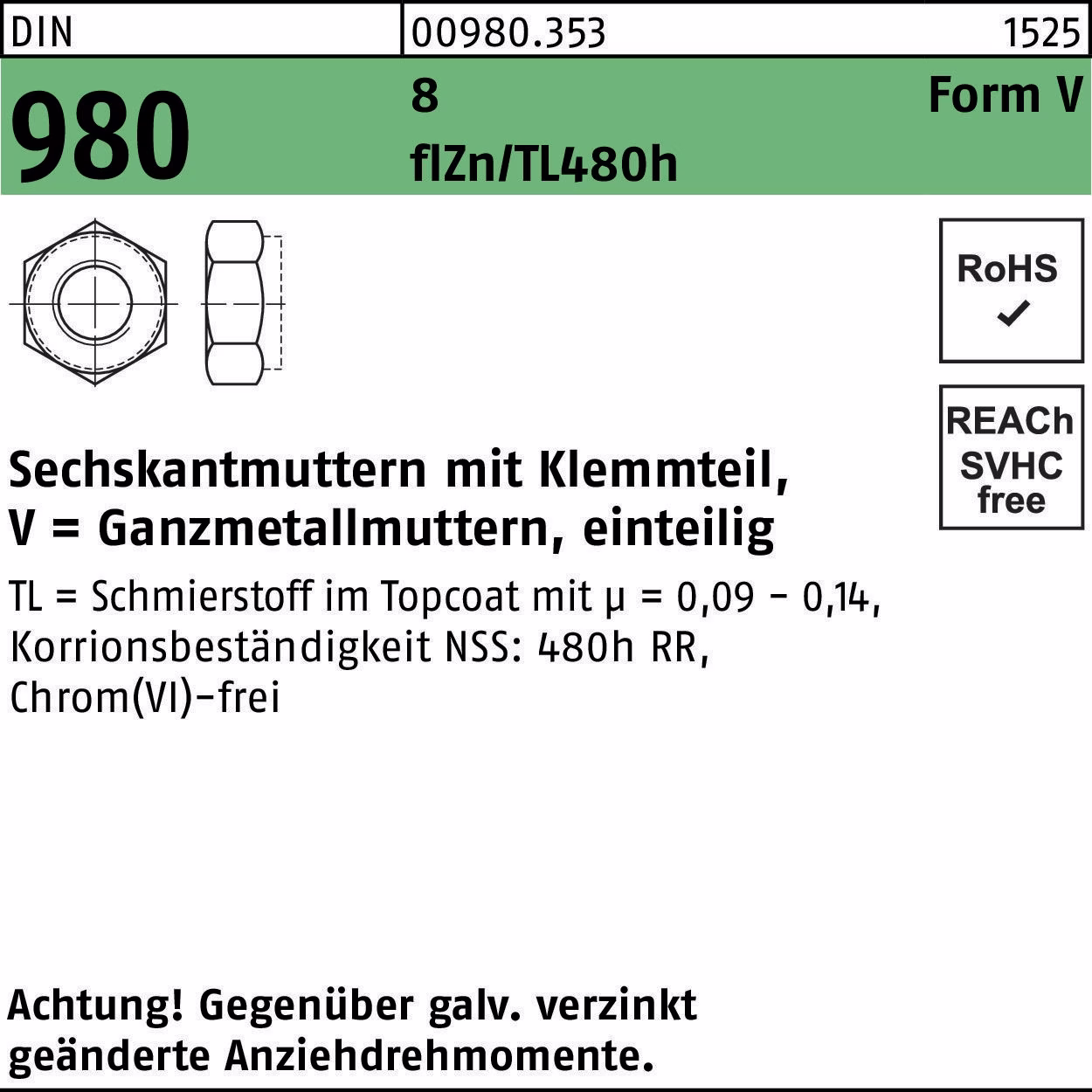Sechskantmutter DIN 980 Klemmteil VM 8 zinklamellenbes. flZnnc 480h-L