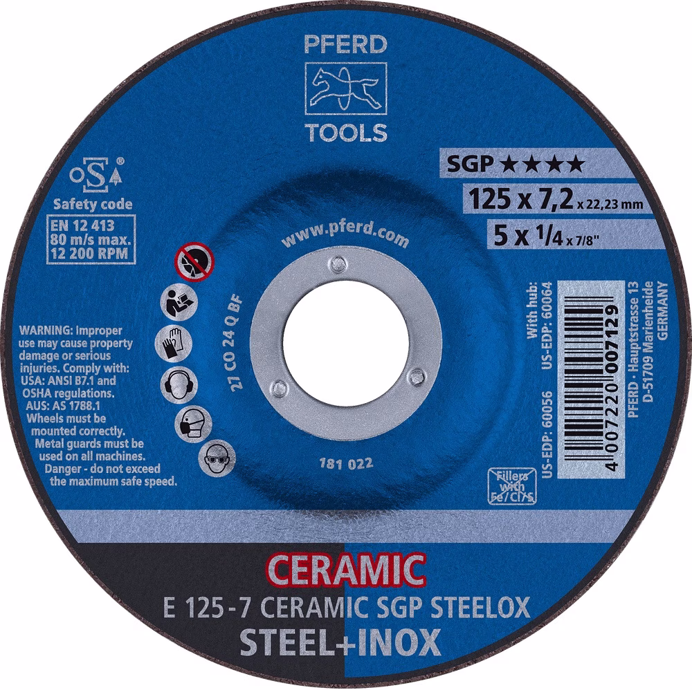 Schruppscheibe CERAMIC SGP STEELOX D125xS7mm gekr.STA Bohr.22,23mm PFERD