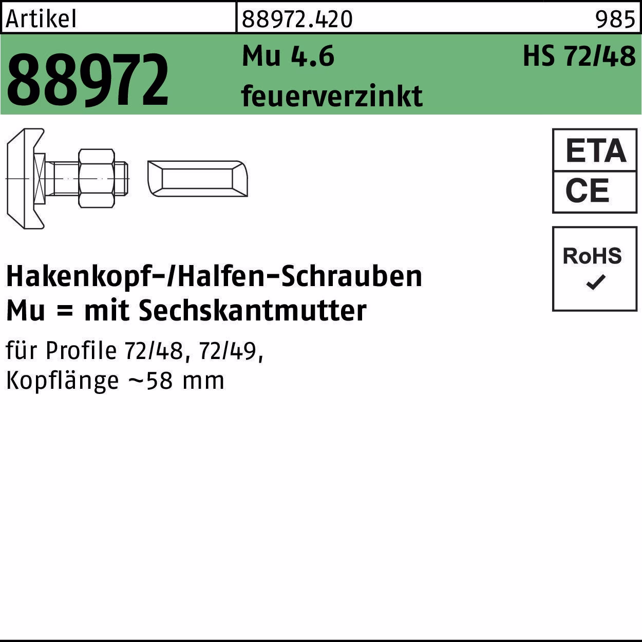 Hammerkopfschraube R 88972 Typ 72/48 Mu 4.6 feuerverz.