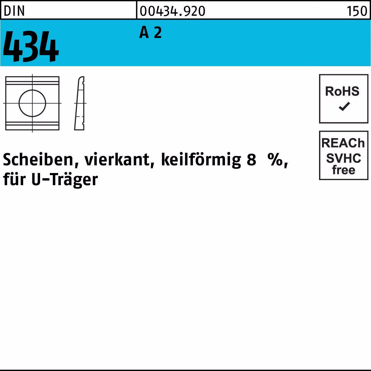 U-Scheibe DIN 434 vierkant keilförmig 11 A 2 Neigung 8% 50 Stück