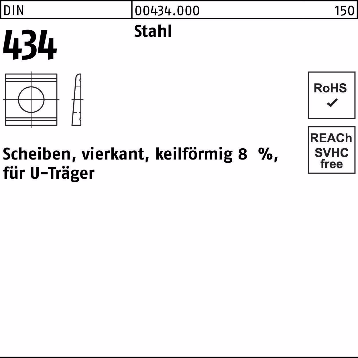 U-Scheibe DIN 434 vierkant keilförmig Stahl Neigung 8%