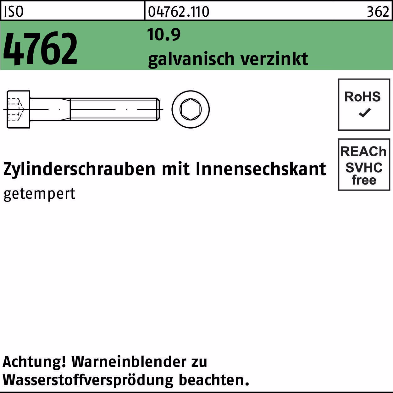 Zylinderschraube ISO 4762 Innen-6kt M20x190 10.9 galv.verz. 10St.