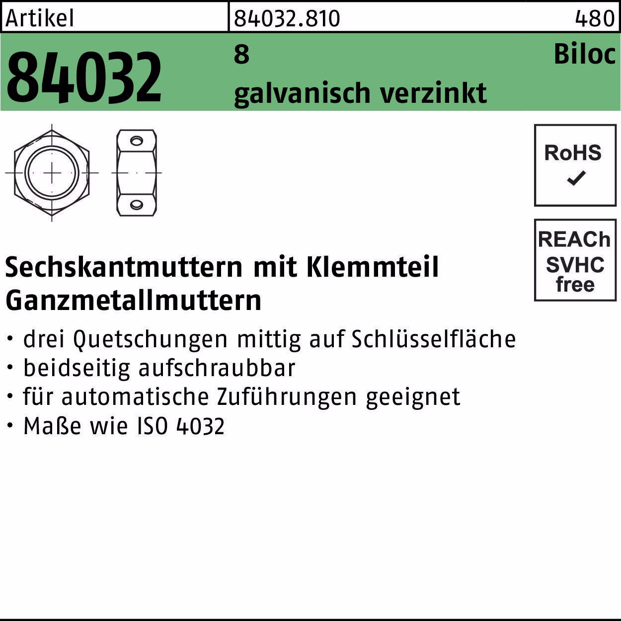 Sechskantmutter R 84032 Biloc Klemmteil M8 8 galv.verz. 1000 Stück