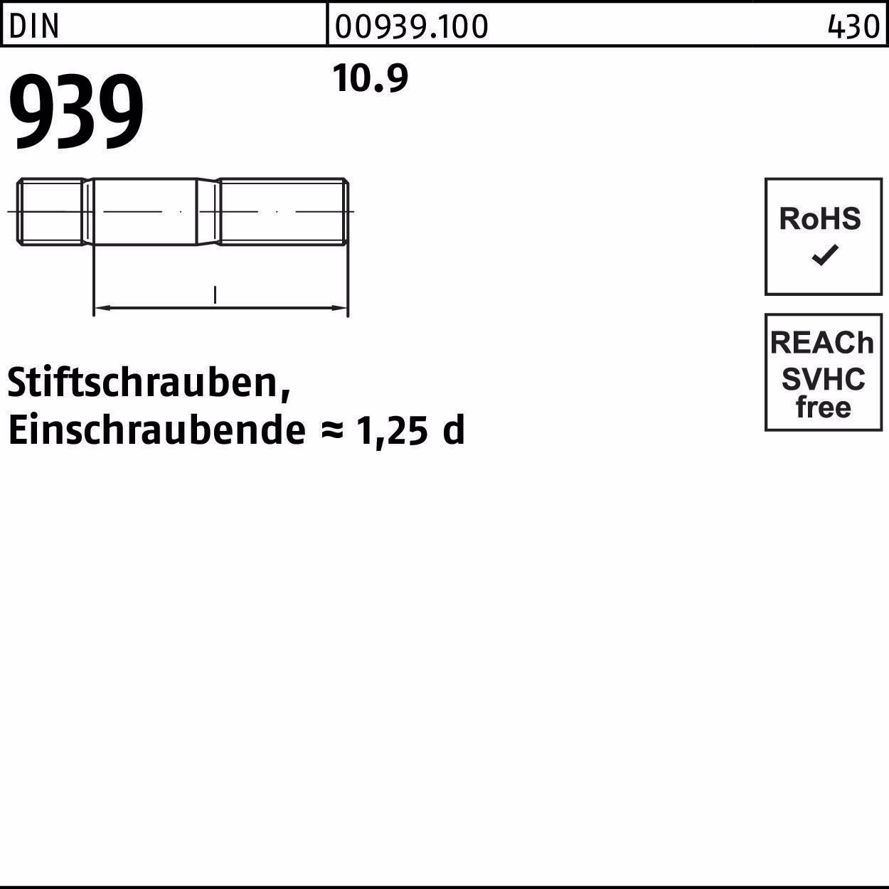 Stiftschraube DIN 939 M 20 x 250 10.9 Einschraubende=1,25d 10 Stück