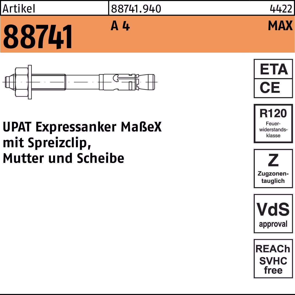 Expressanker R 88741 MAX 12/100/200 A 4 20 Stück