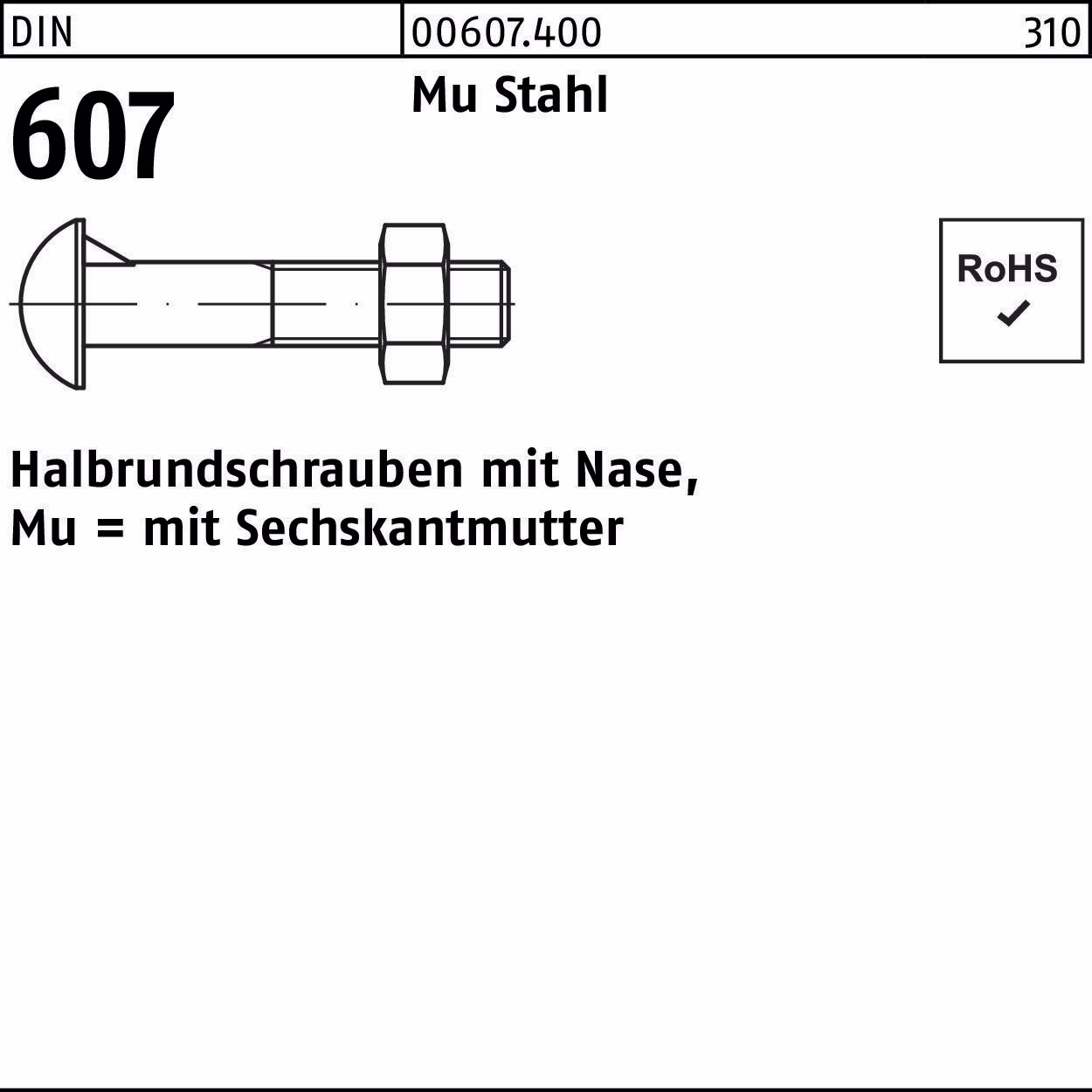 Halbrundschraube DIN 607 Nase/6-ktmutter Mu Stahl 4.6
