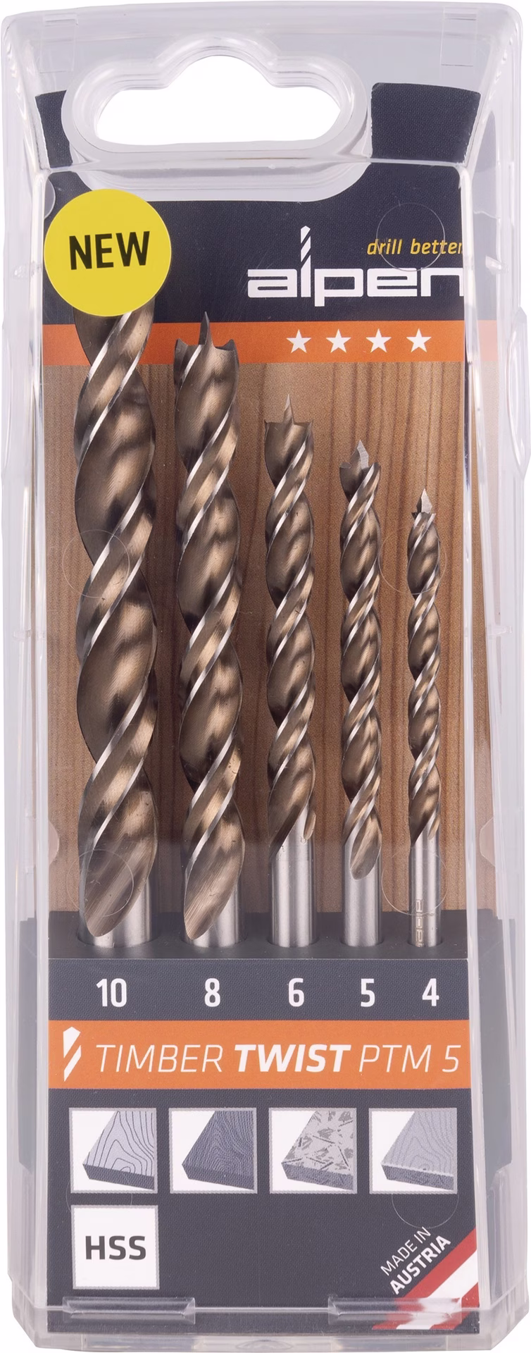 Holzspiralbohrersatz TIMBER TWIST 5-tlg.D.4,5,6,8,10mm