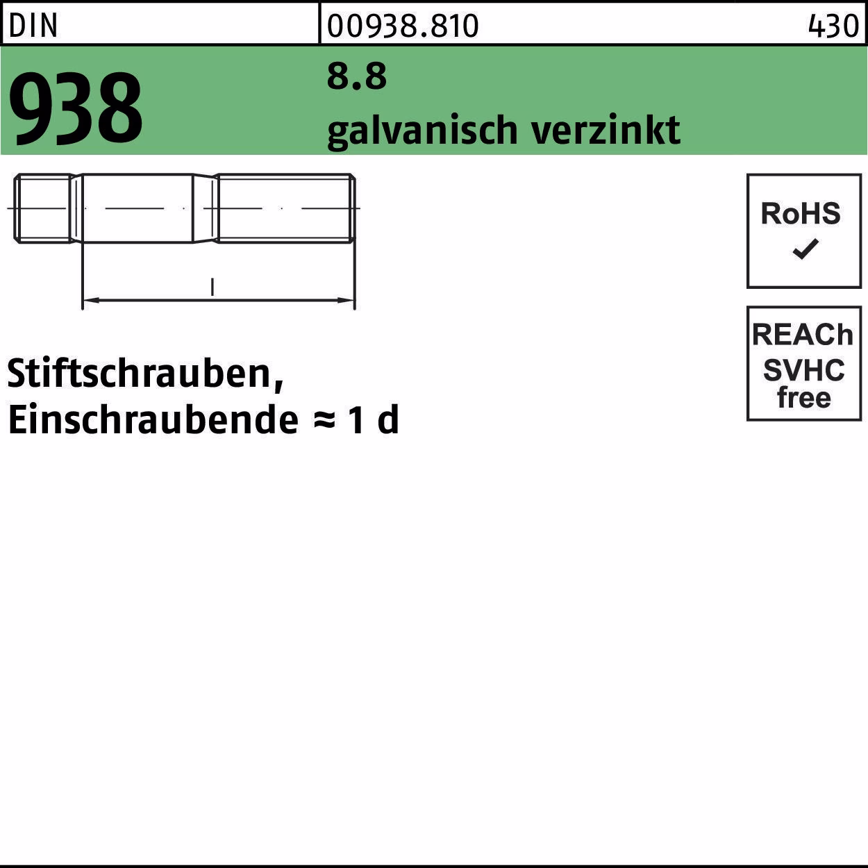 Stiftschraube DIN 938 M16x 70 8.8 galv.verz. 10 Stück