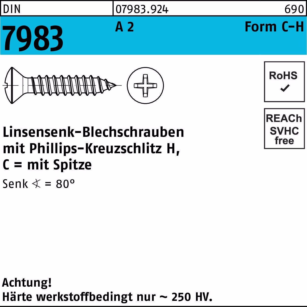 Linsensenkblechschraube DIN 7983 PH C 2,9x 9,5-H A 2 100 Stück