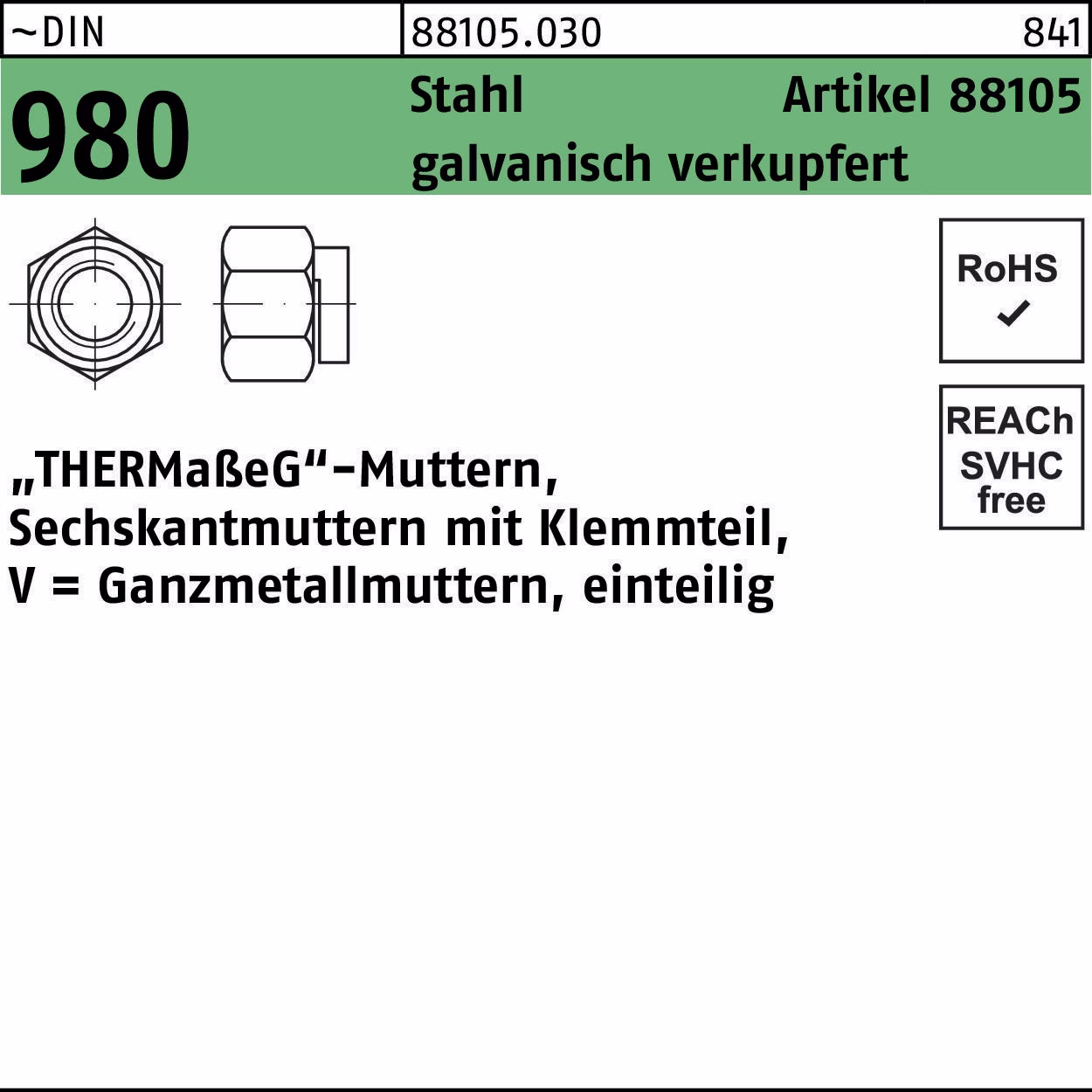 Sechskantmutter R 88105 Klemmteil SW Stahl galv. verkupfert 100St.