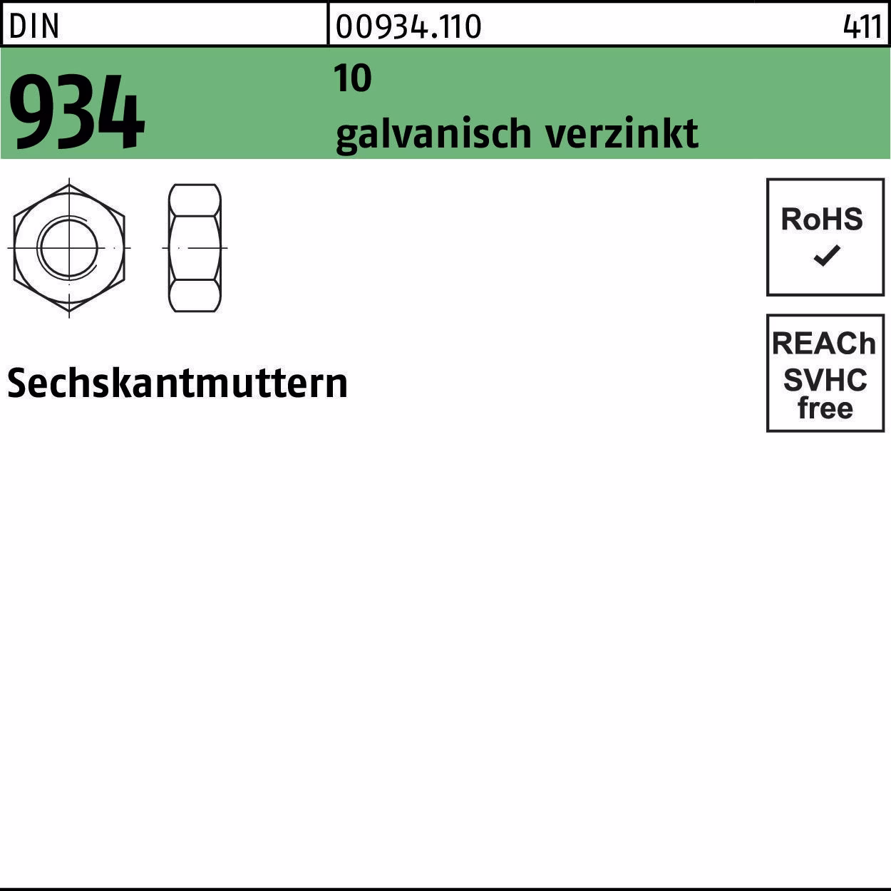 Sechskantmutter DIN 934 10 galvanisch verzinkt
