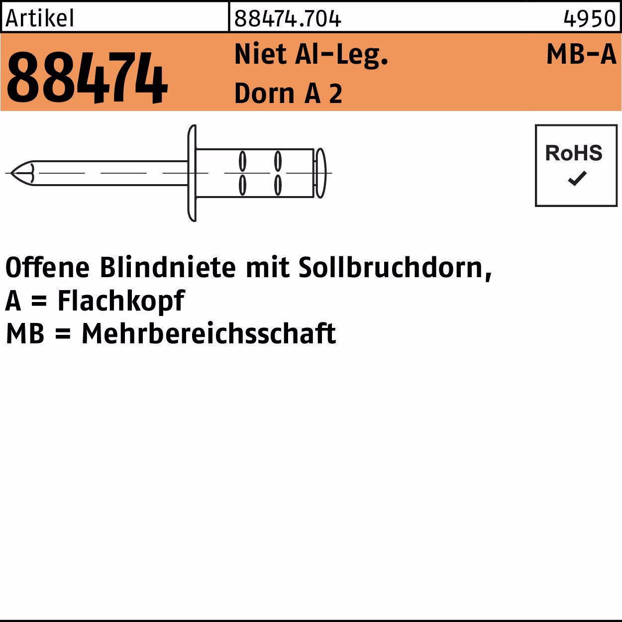 Blindniete R 88474 FLAKO 3,2x 11 Niet Aluminium/Dorn A 2 1000 Stück