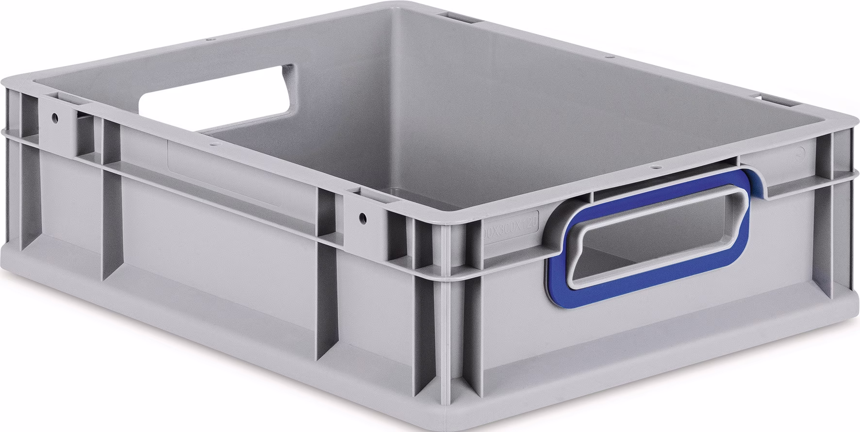 Transportstapelbehälter L400xB300xH120mm grau PP offener Griff blau