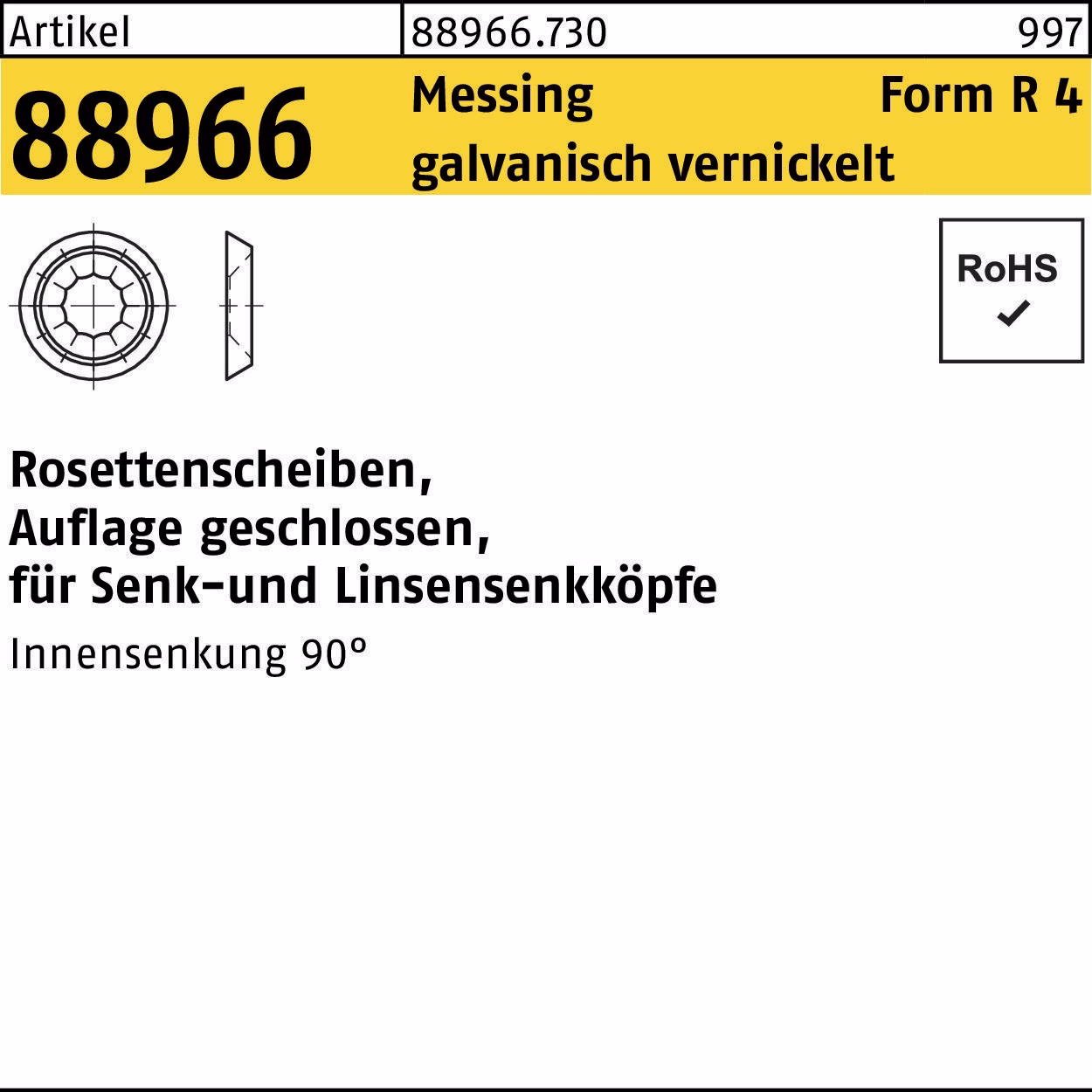 Rosettenscheibe R 88966 geschl. 7,0x12,0x3,4 Messing galv. vernickelt 100St.