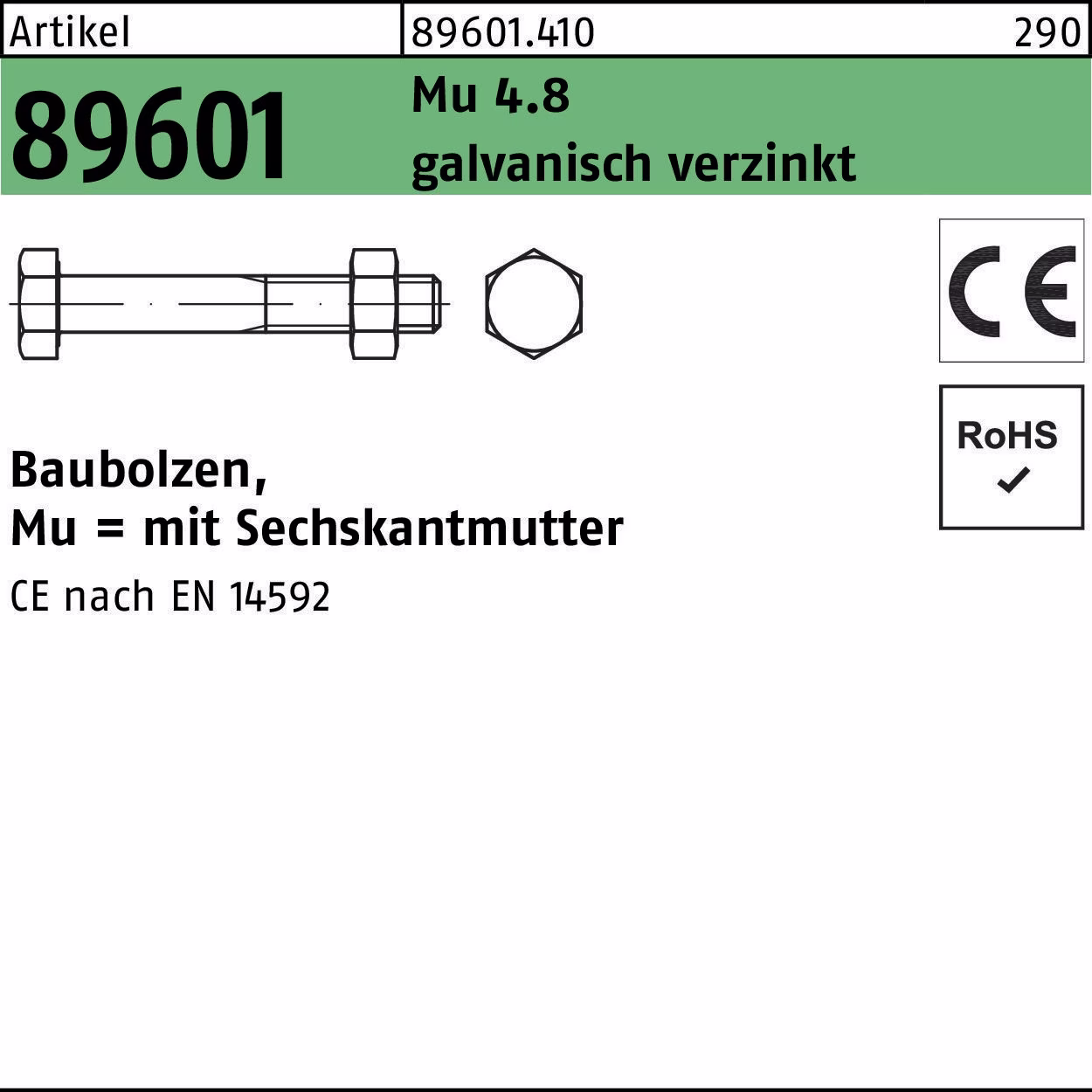 Baubolzen R 89601 CE 6-ktmutter Mu 4.8 galv.verz.
