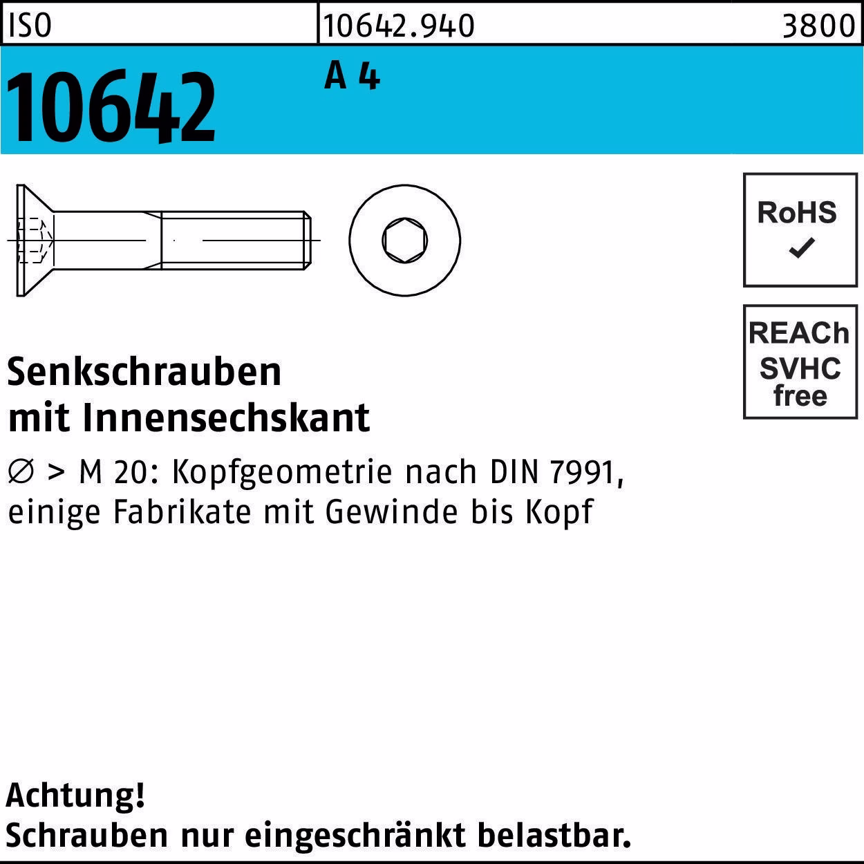 Senkschraube ISO 10642 Innen-6kt M10x 16 A 4 25 Stück