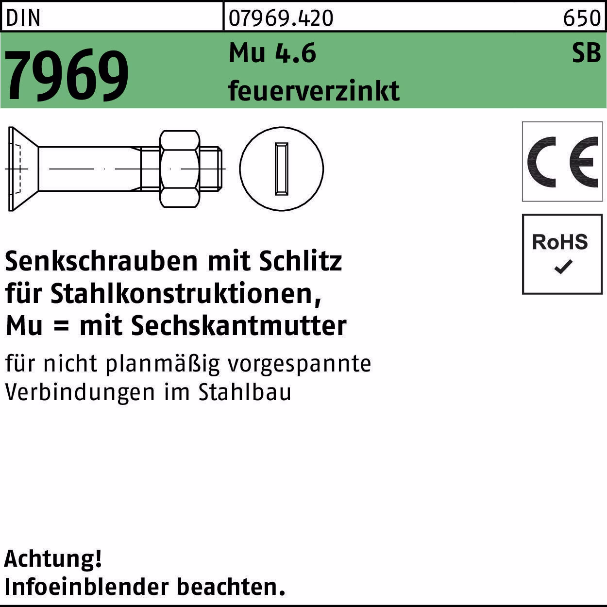 Senkschraube DIN 7969 U/CE Schlitz/Mutter 4.6 feuerverz.