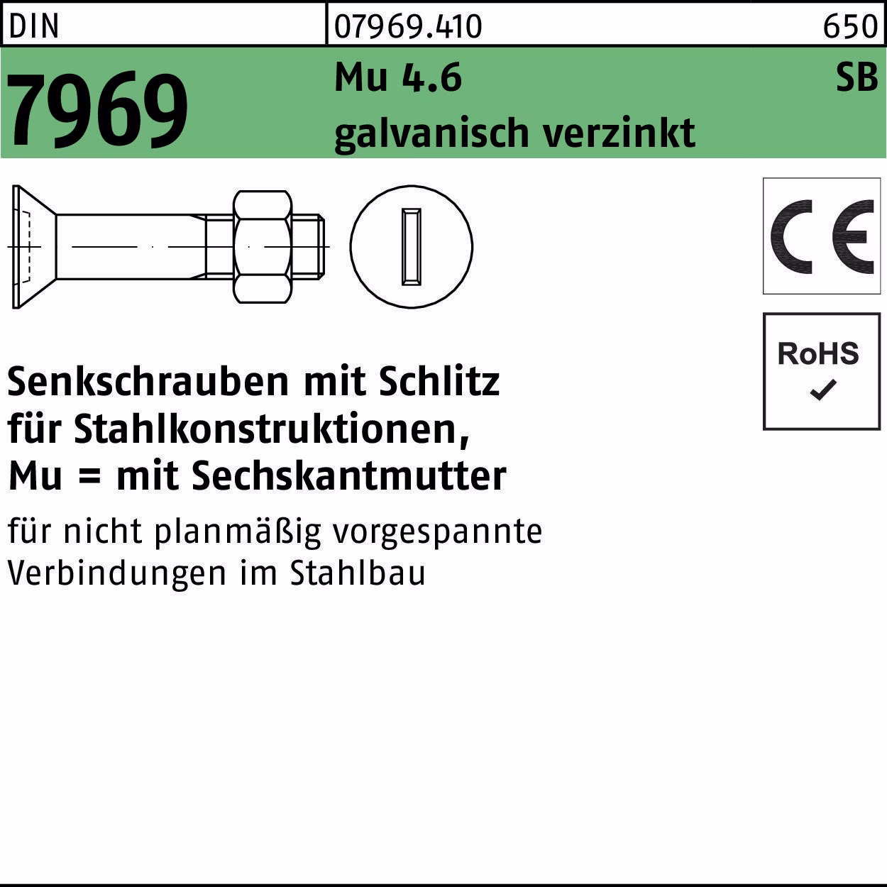 Senkschraube DIN 7969 Schlitz/Mutter 4.6 galv.verz.