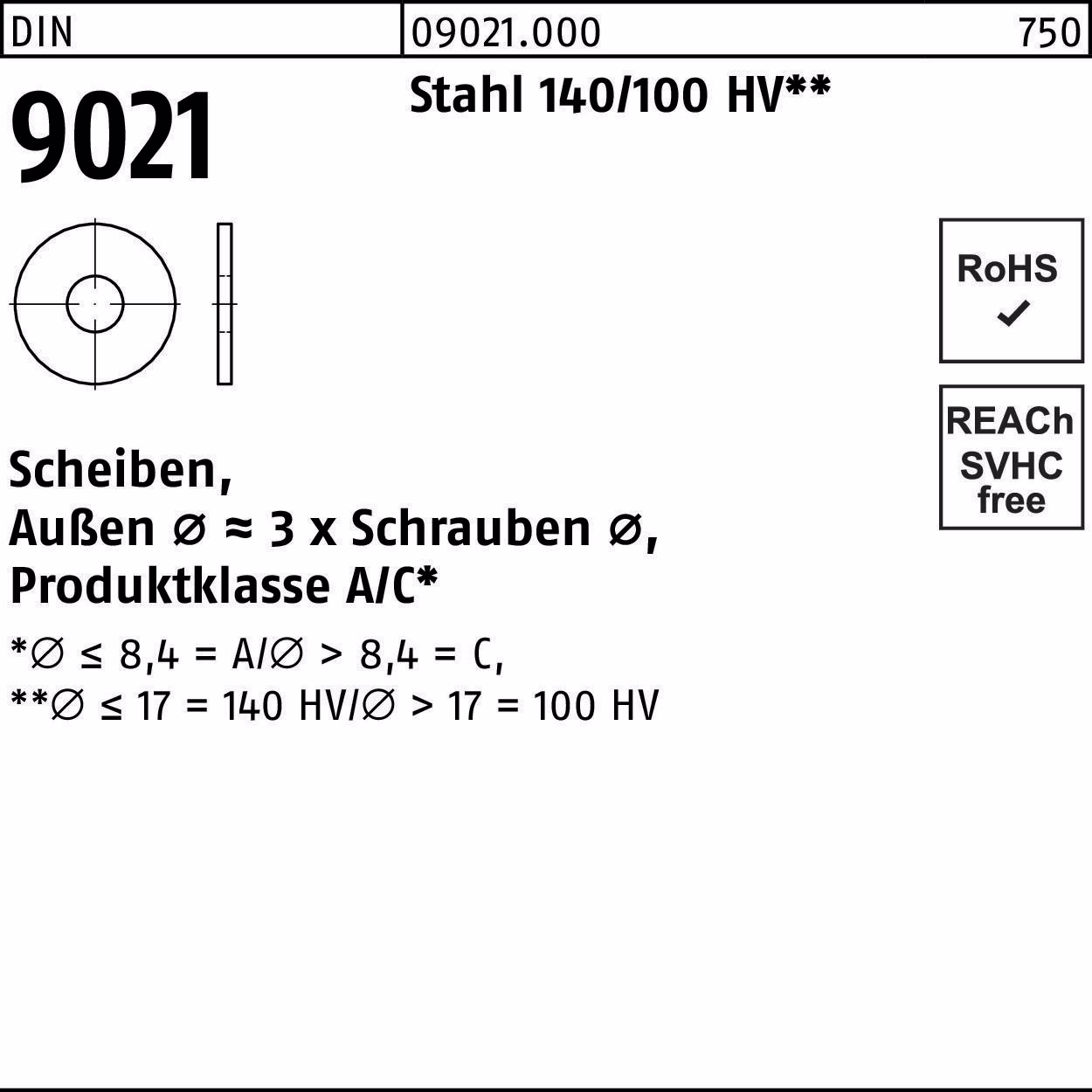 Unterlegscheibe DIN 9021 10,5x30x2,5 Stahl 140/100 HV 250 Stück