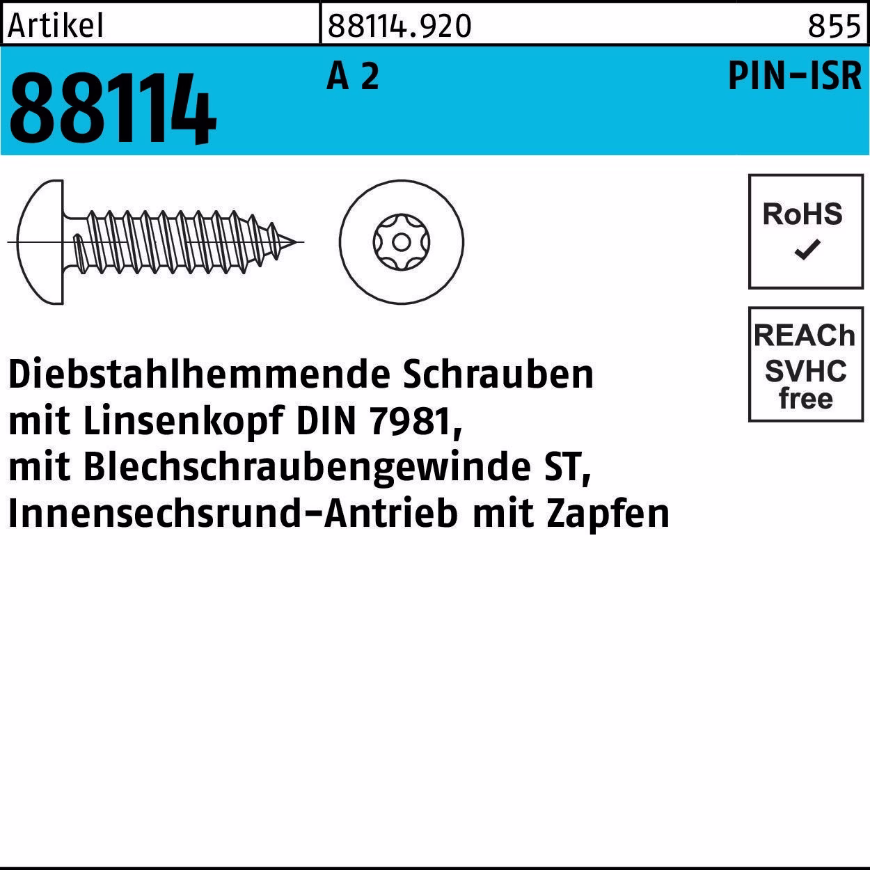 Schraube R 88114 diebstahlh. Liko ISR Zapfen 2 100