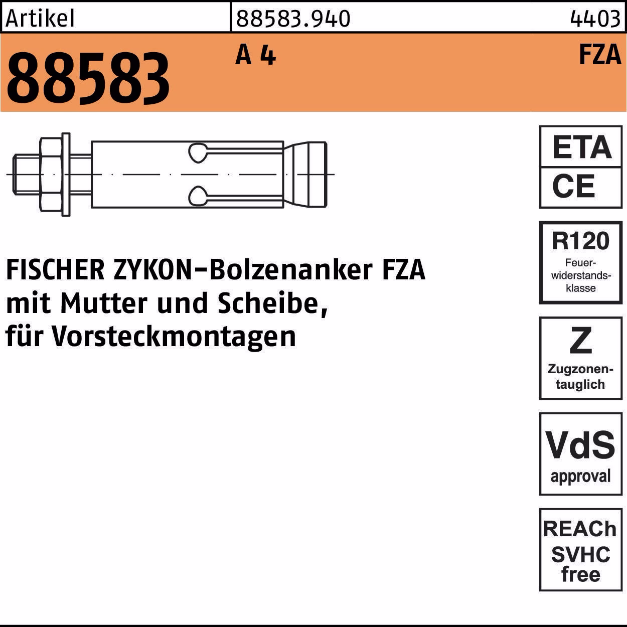 Bolzenanker R 88583 ZYKON FZA 12x 40 M8/15 A 4 25 Stück