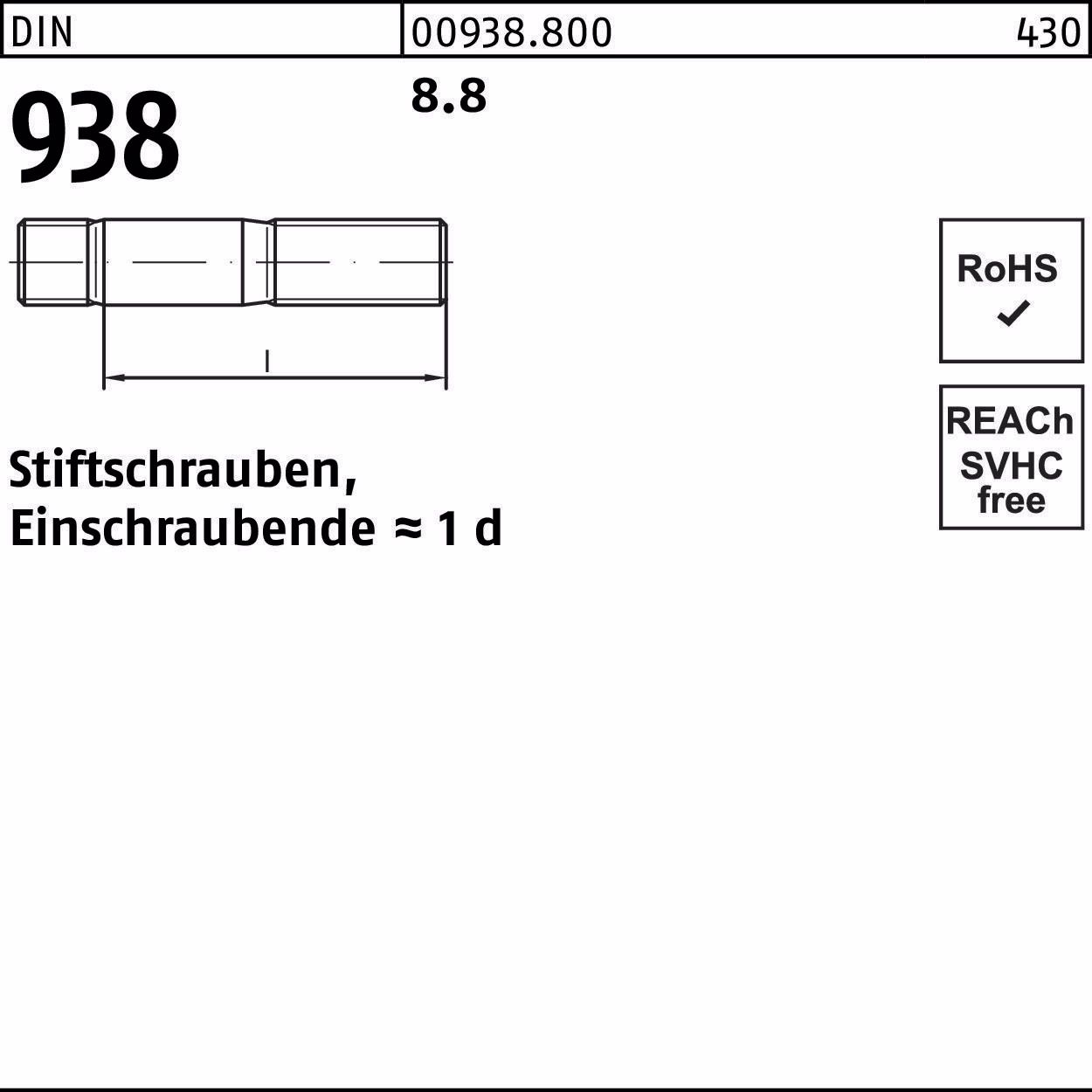 Stiftschraube DIN 938 M8x 20 8.8 50 Stück
