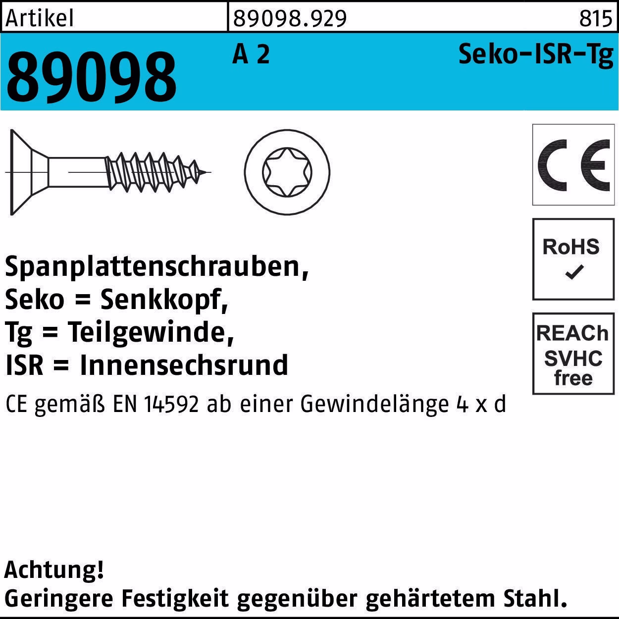 Spanplattenschraube R 89098 SEKO ISR TG 8x 70-T40 A 2 50 Stück